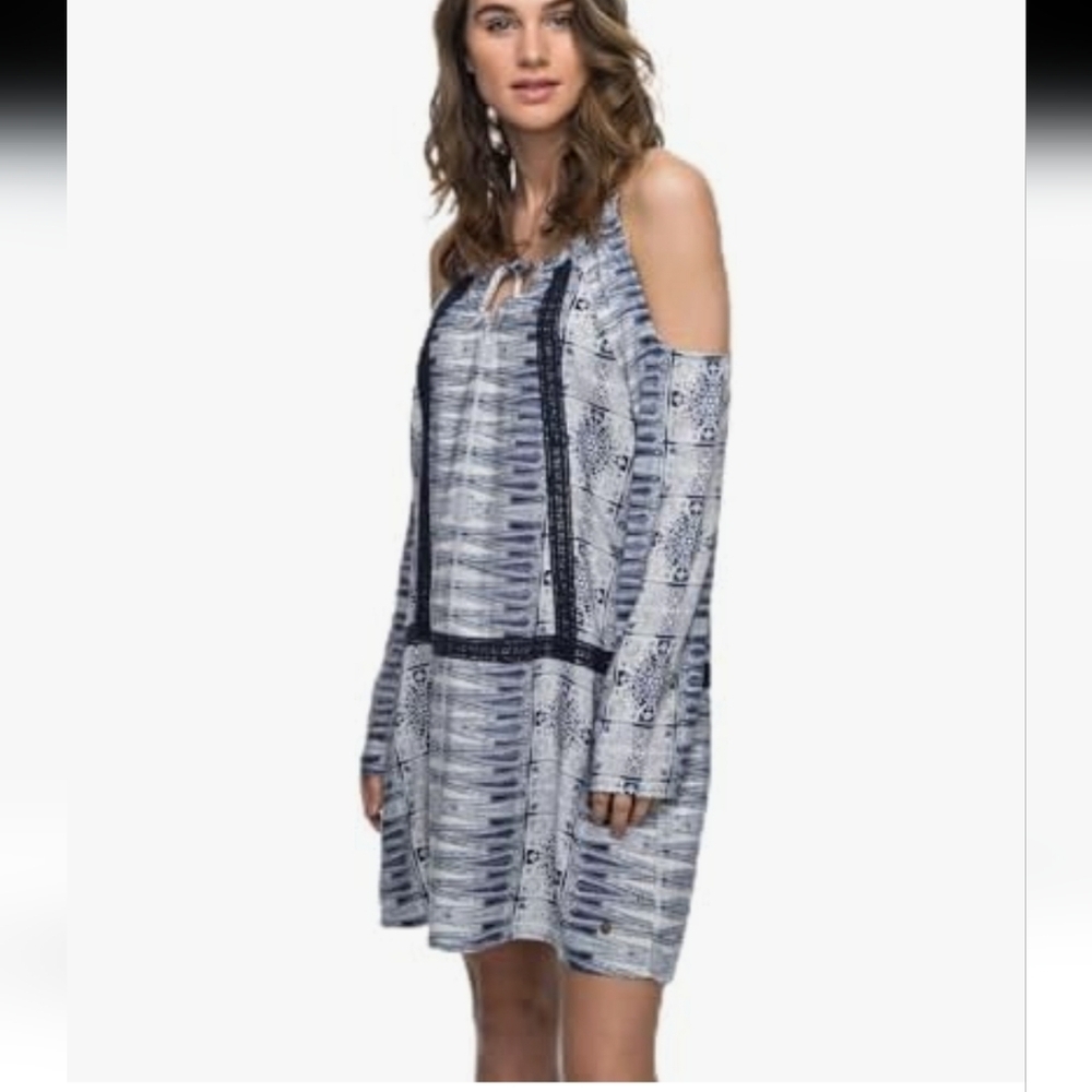 Roxy Live Loudly Mini Dress Cold-Shoulder Bohemian Large Pullover Shift Sheath